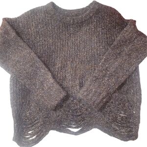 Ruby Moon Brown Speckled Knit Crew Neck Distressed Hemline Sweater M